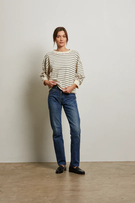 niall stripe french terry 3/4 crewneck sweatshirt - Perfect White Tee