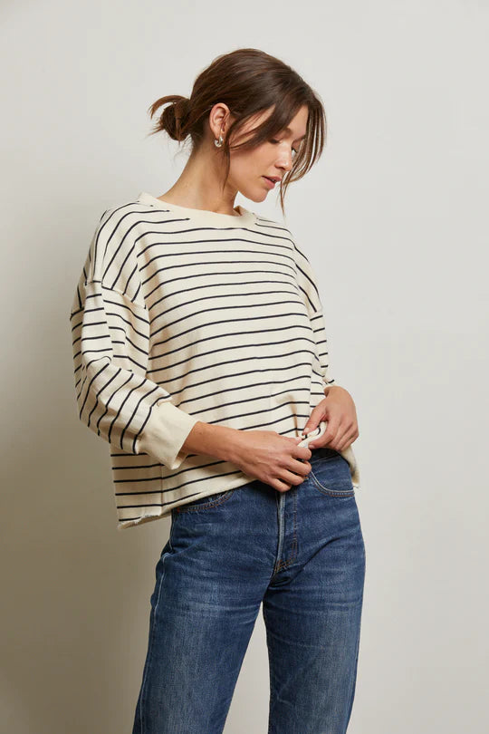 niall stripe french terry 3/4 crewneck sweatshirt - Perfect White Tee