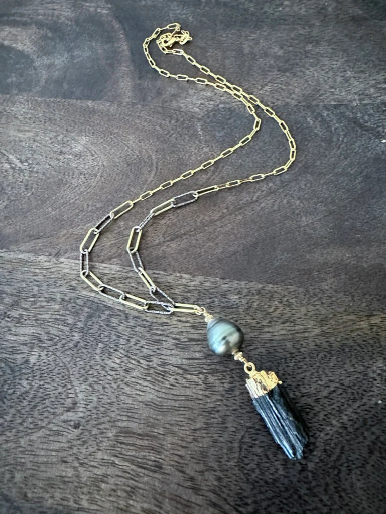 Tide & Tied Black Raw Tourmaline and Tahitian Pearl Shield Talisman Necklace
