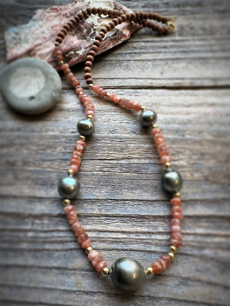 Tide & Tied Sunstone, Sandalwood and Tahitian Necklace RDTP