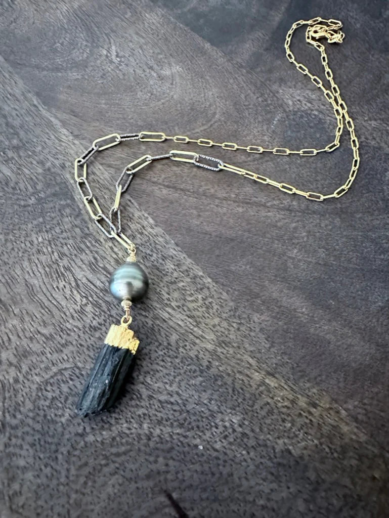 Tide & Tied Black Raw Tourmaline and Tahitian Pearl Shield Talisman Necklace