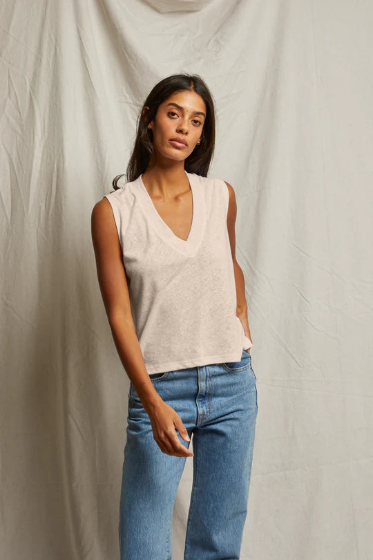 Lucy - linen blend Vneck Tank - Oatmeal- Perfect White Tee