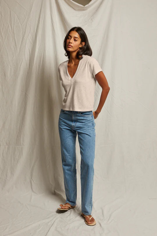 Rosie - linen blend Vneck T - Oat - Perfect White Tee