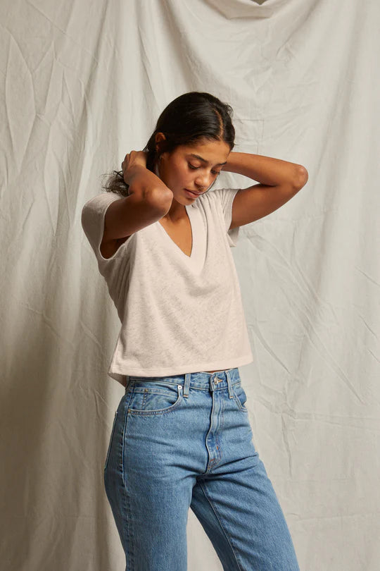 Rosie - linen blend Vneck T - Oat - Perfect White Tee