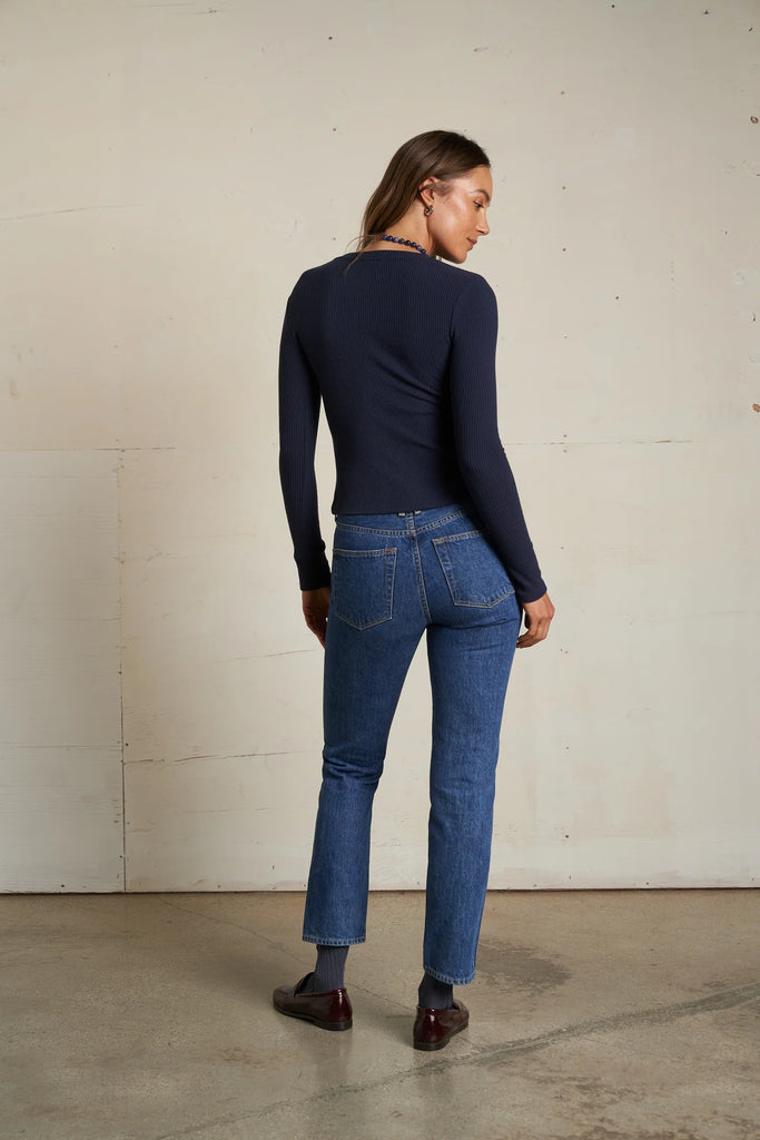 Jolie- sweater rib crew neck long sleeve - Navy - Perfect White Tee